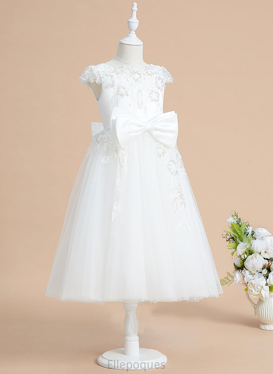 A-Line - Short Girl Mattie Dress Flower Scoop Sleeves Tea-length With Tulle/Lace Sequins/Bow(s) Flower Girl Dresses Neck