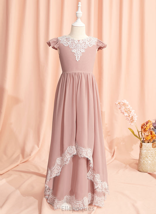 A-Line Scoop Short Back - Floor-length Chiffon/Lace Girl Neck Dress With Flower Lace/V Flower Girl Dresses Isabella Sleeves