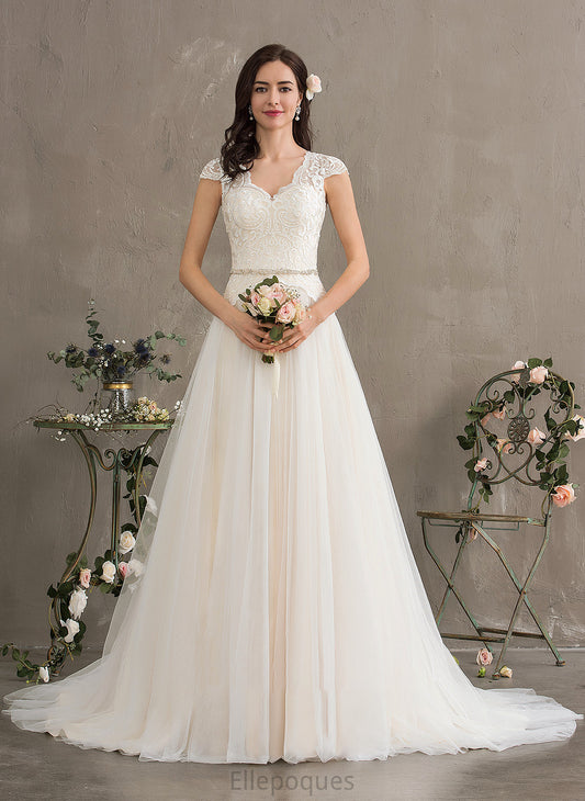 With V-neck Court Skyla Sequins Wedding Dresses Tulle Train Beading Ball-Gown/Princess Wedding Dress