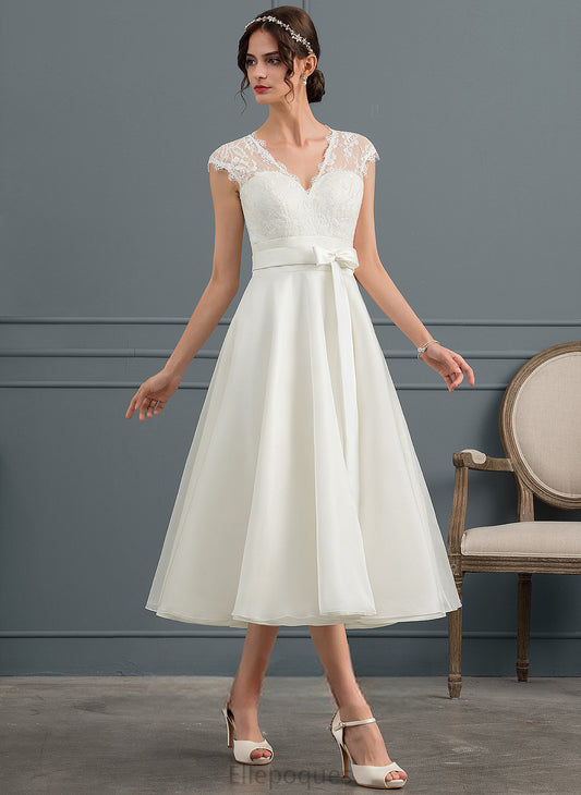 With Satin Dress Lace V-neck A-Line Tea-Length Bow(s) Wedding Dresses Wedding Zara