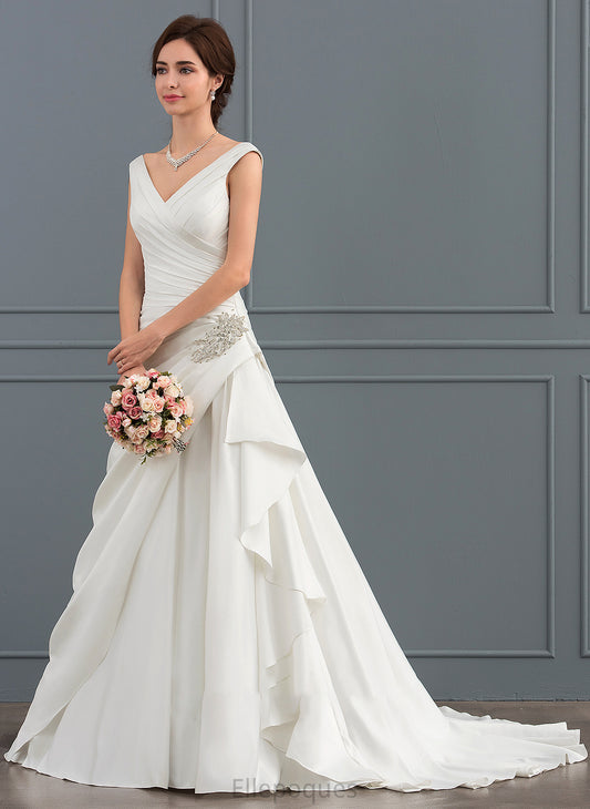 Aniyah A-Line Wedding Dresses With Beading Court V-neck Train Wedding Satin Dress