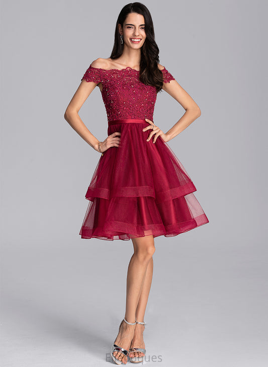 Beading Lace Homecoming Dresses Sequins Knee-Length Homecoming With A-Line Off-the-Shoulder Dress Tulle Savannah