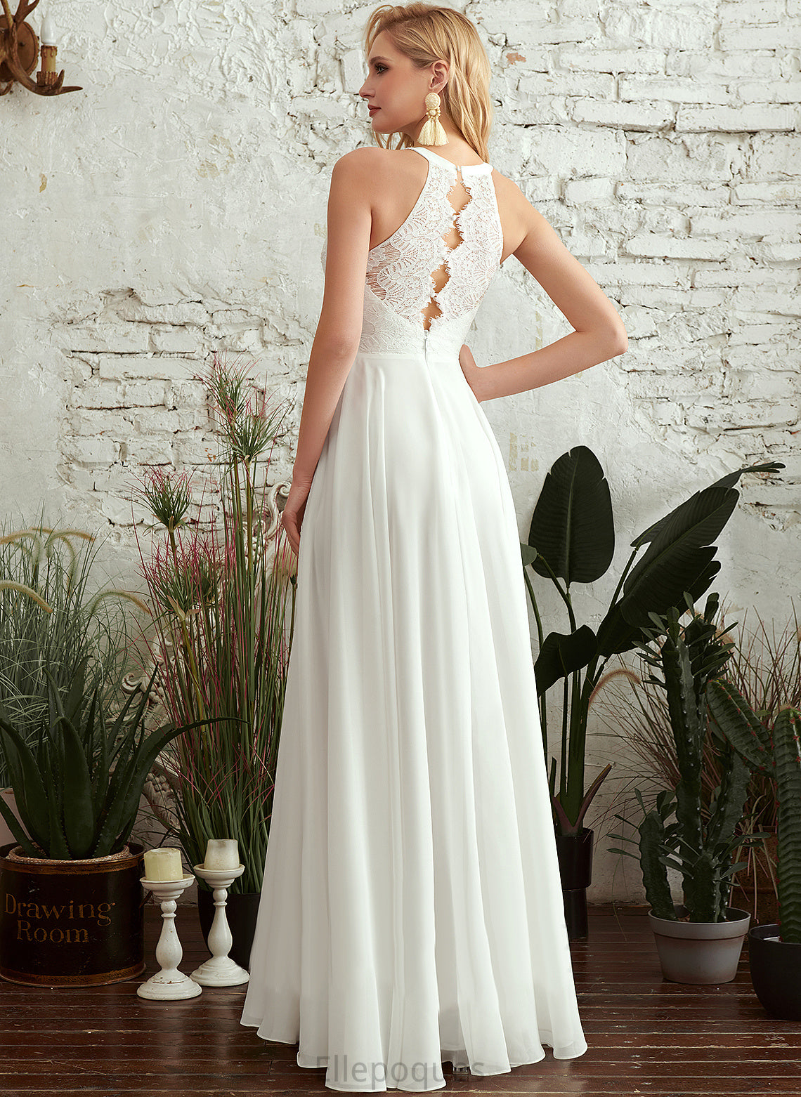 Ashtyn Floor-Length A-Line Wedding Dresses Wedding Lace Scoop Dress Chiffon