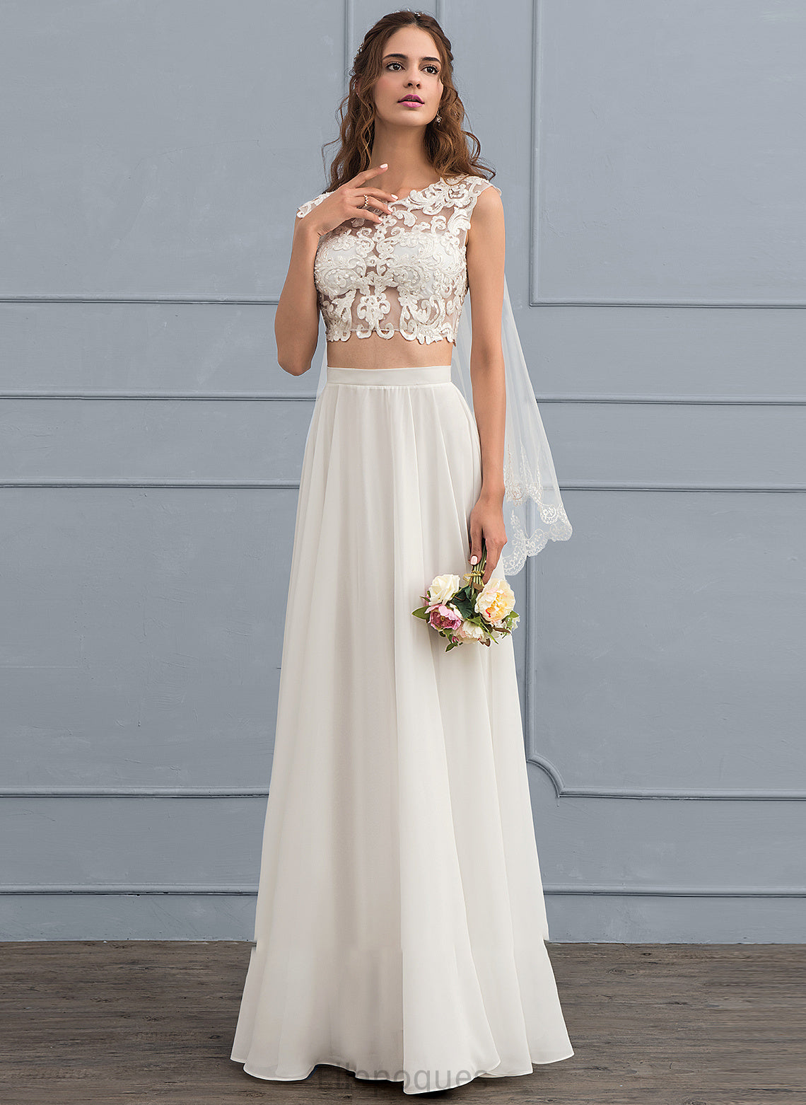 Nancy Floor-Length Scoop Dress Chiffon Wedding Dresses Neck Sequins Wedding A-Line With Beading