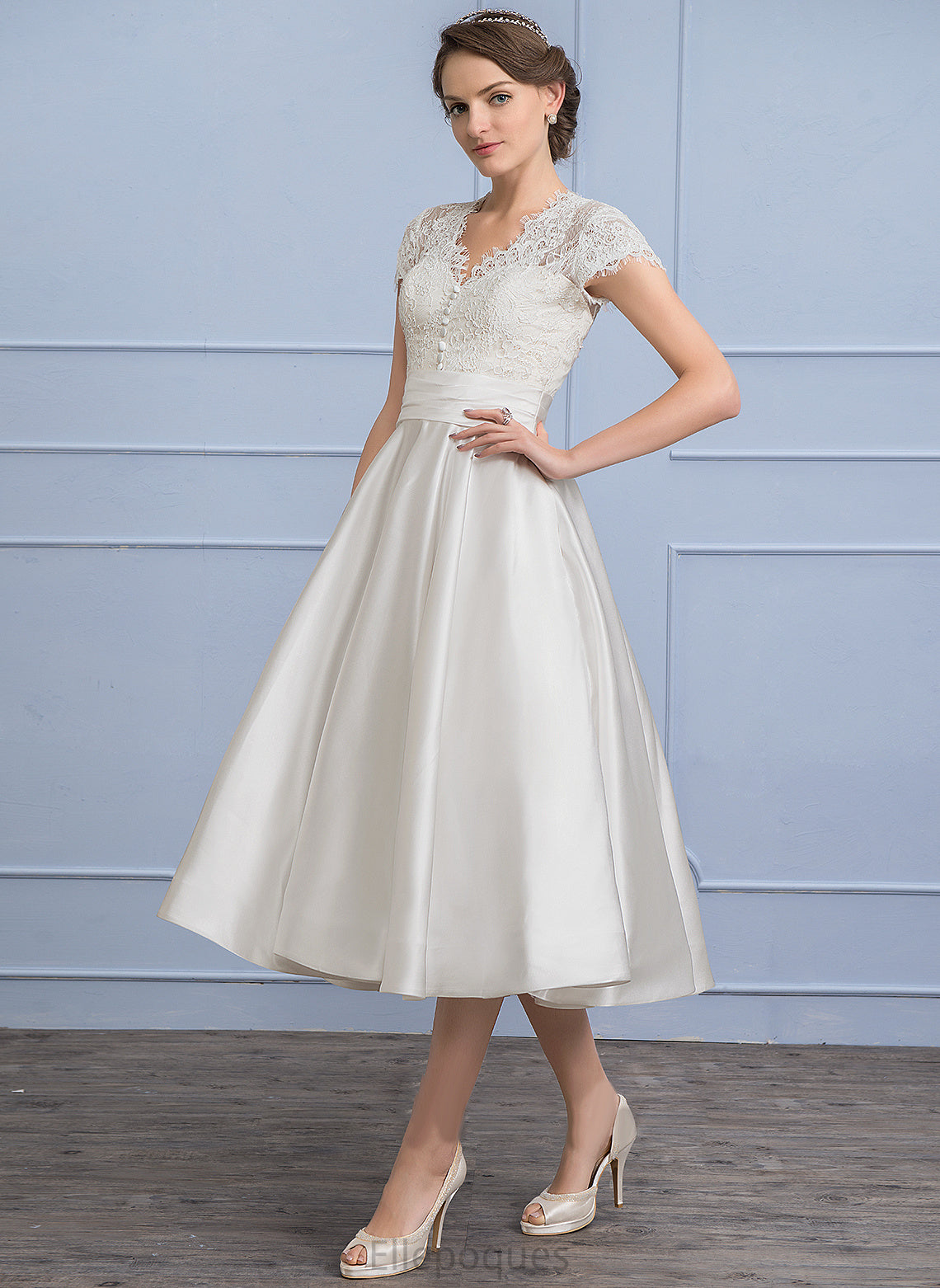 Satin Pockets A-Line Ruffle With Jada Dress Wedding Dresses Lace Tea-Length Wedding V-neck