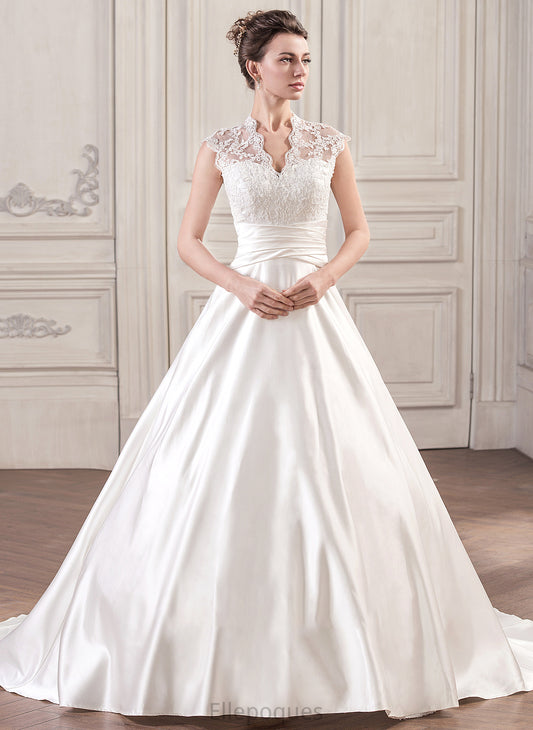 Ruffle Ball-Gown/Princess Court Lace V-neck Wedding Dresses With Satin Train Norah Wedding Dress