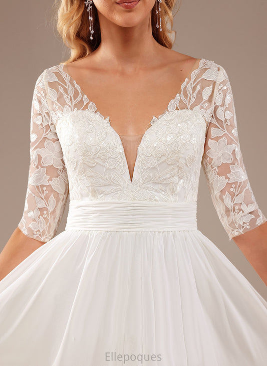 V-neck Wedding Lace Wedding Dresses Ruffle Floor-Length Norma With Dress A-Line Sequins Lace Chiffon