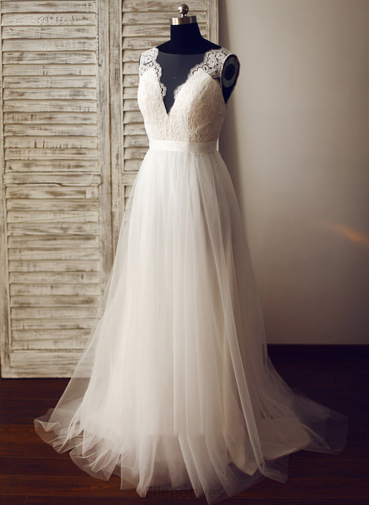 Tulle Sweep Train Wedding Dresses Aniya V-neck Dress Wedding A-Line