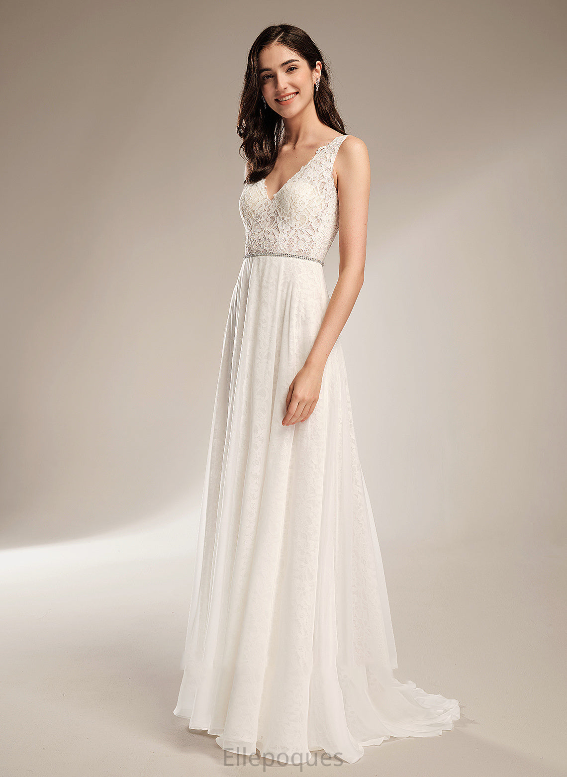 V-neck With Train Beading A-Line Sweep Wedding Teagan Wedding Dresses Dress