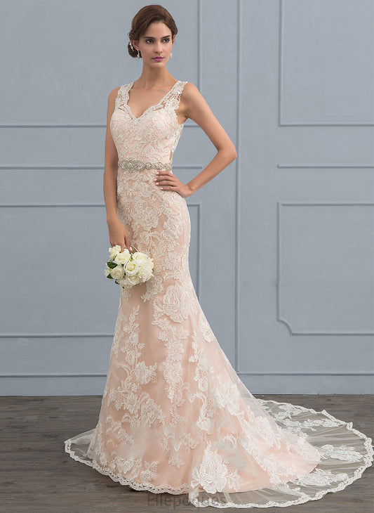 V-neck Lace Trumpet/Mermaid Wedding Dresses Tulle Dress Leyla Train Wedding Beading With Chapel