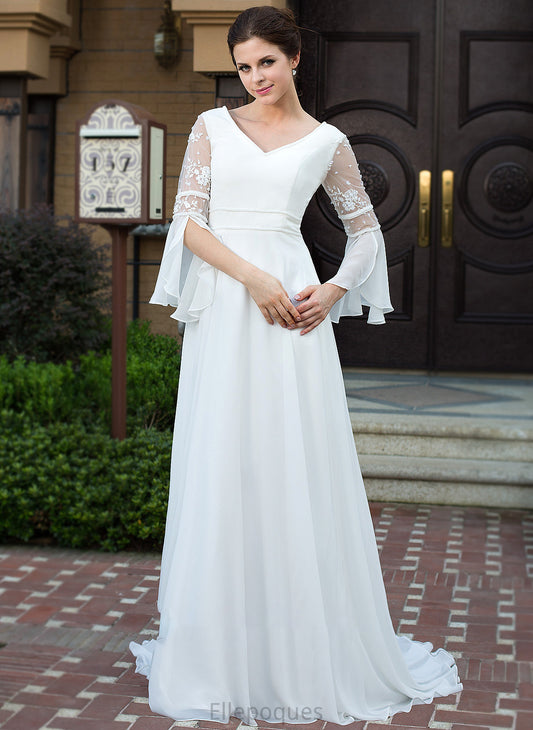 Court Beading Wedding Dresses Chiffon V-neck Train With Hadassah Lace Wedding A-Line Dress