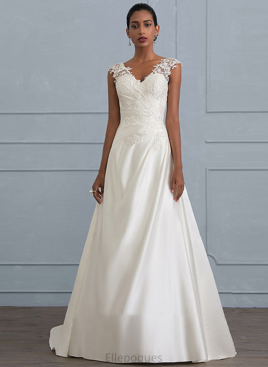 Dress Sweep Train V-neck With Wedding Satin Ruffle Beading Sequins Ball-Gown/Princess Makayla Wedding Dresses