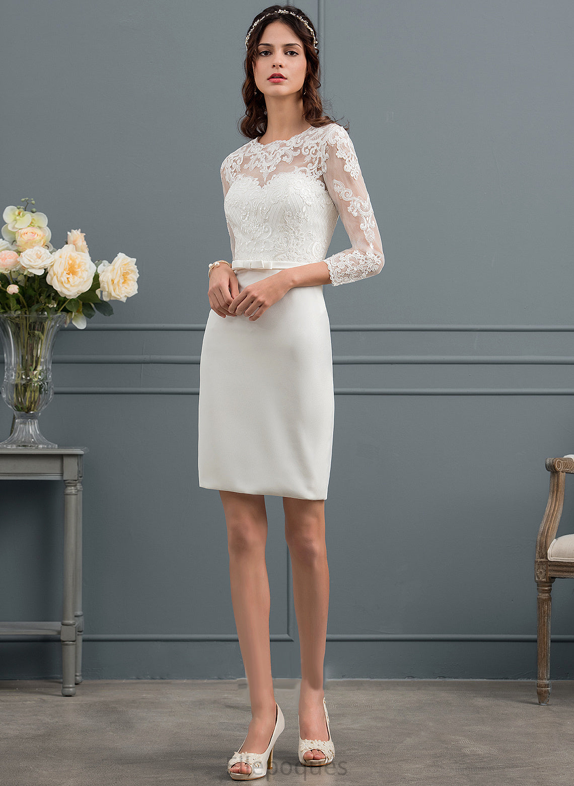 Dress Crepe Sequins Knee-Length Bow(s) Lara Sheath/Column Wedding Dresses Illusion With Lace Stretch Wedding