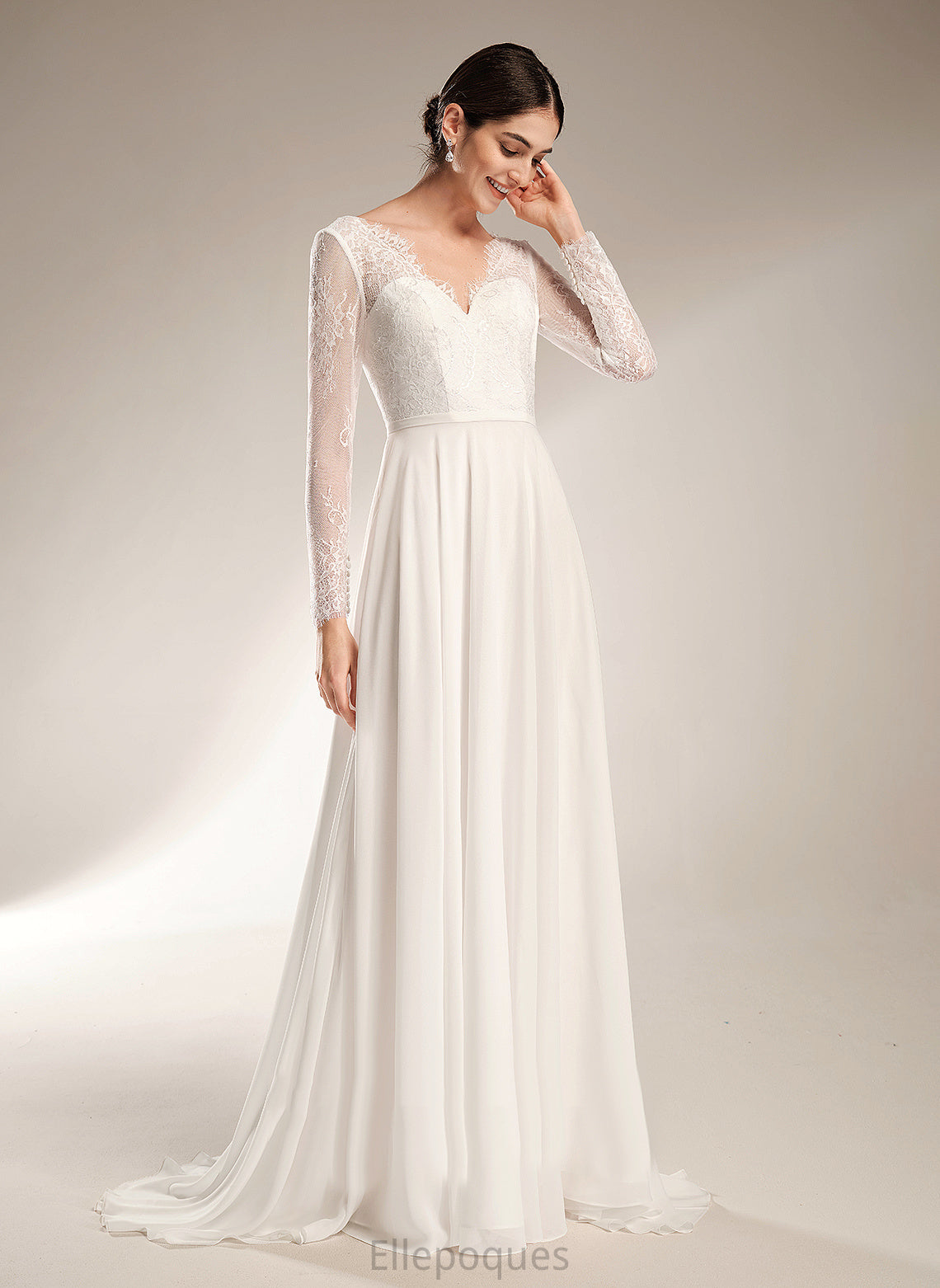 Lace A-Line Train Chiffon Dress Wedding Dresses Wedding V-neck Sweep Shayla