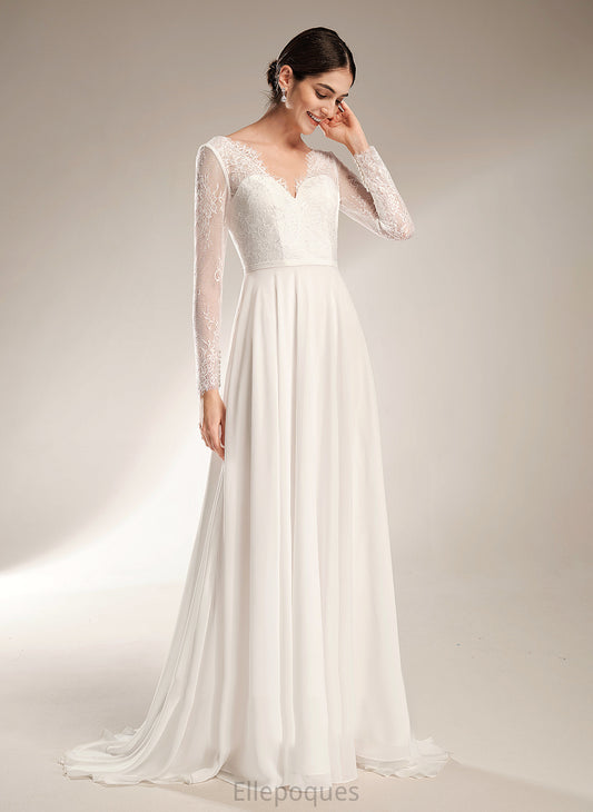 Lace A-Line Train Chiffon Dress Wedding Dresses Wedding V-neck Sweep Shayla