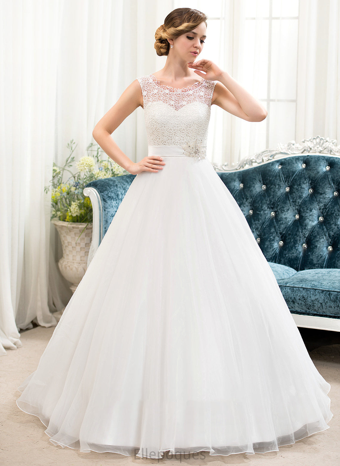 Neck With Sweep Ball-Gown/Princess Beading Organza Wedding Dresses Lace Train Dress Pearl Sequins Wedding Scoop