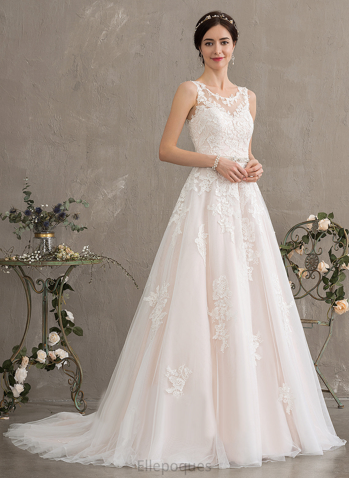 Lace Sequins Court Train Dress Beading Wedding With Neck Scoop Wedding Dresses Kristen Ball-Gown/Princess Tulle