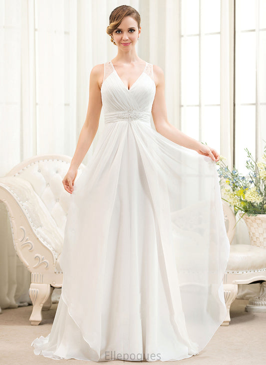 V-neck Beading With Wedding Sequins Ruffles A-Line Train Lesly Sweep Dress Chiffon Wedding Dresses Cascading