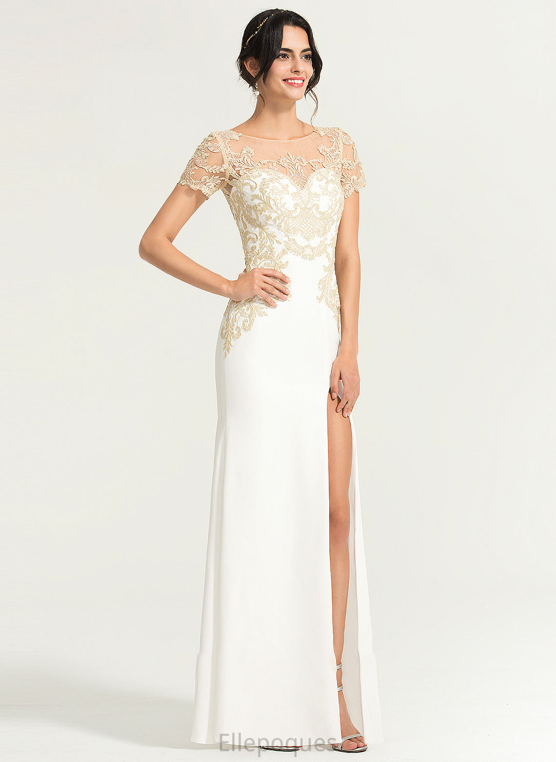 Neck Shayna Floor-Length Front Split Crepe Wedding Sheath/Column Dress Wedding Dresses With Stretch Scoop