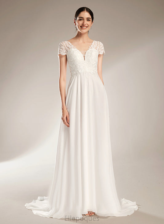 Dress With Lace A-Line Wedding Dresses Court V-neck Wedding Train Bow(s) Chiffon Caylee