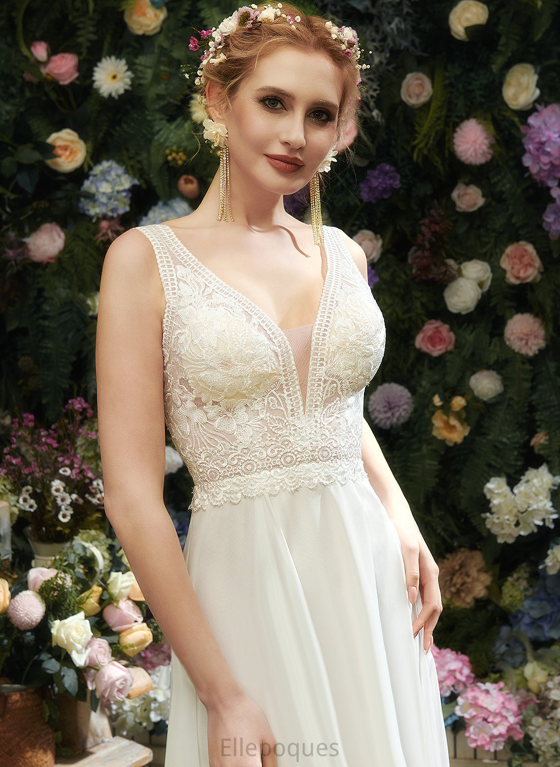 Wedding Dresses Chiffon With Lace Dress Front A-Line Sequins V-neck Maddison Wedding Split Floor-Length