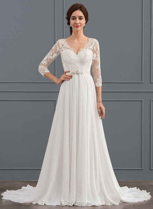 Wedding Dresses Train V-neck Dress Estrella Chiffon Beading Wedding Sweep With Lace Sequins A-Line