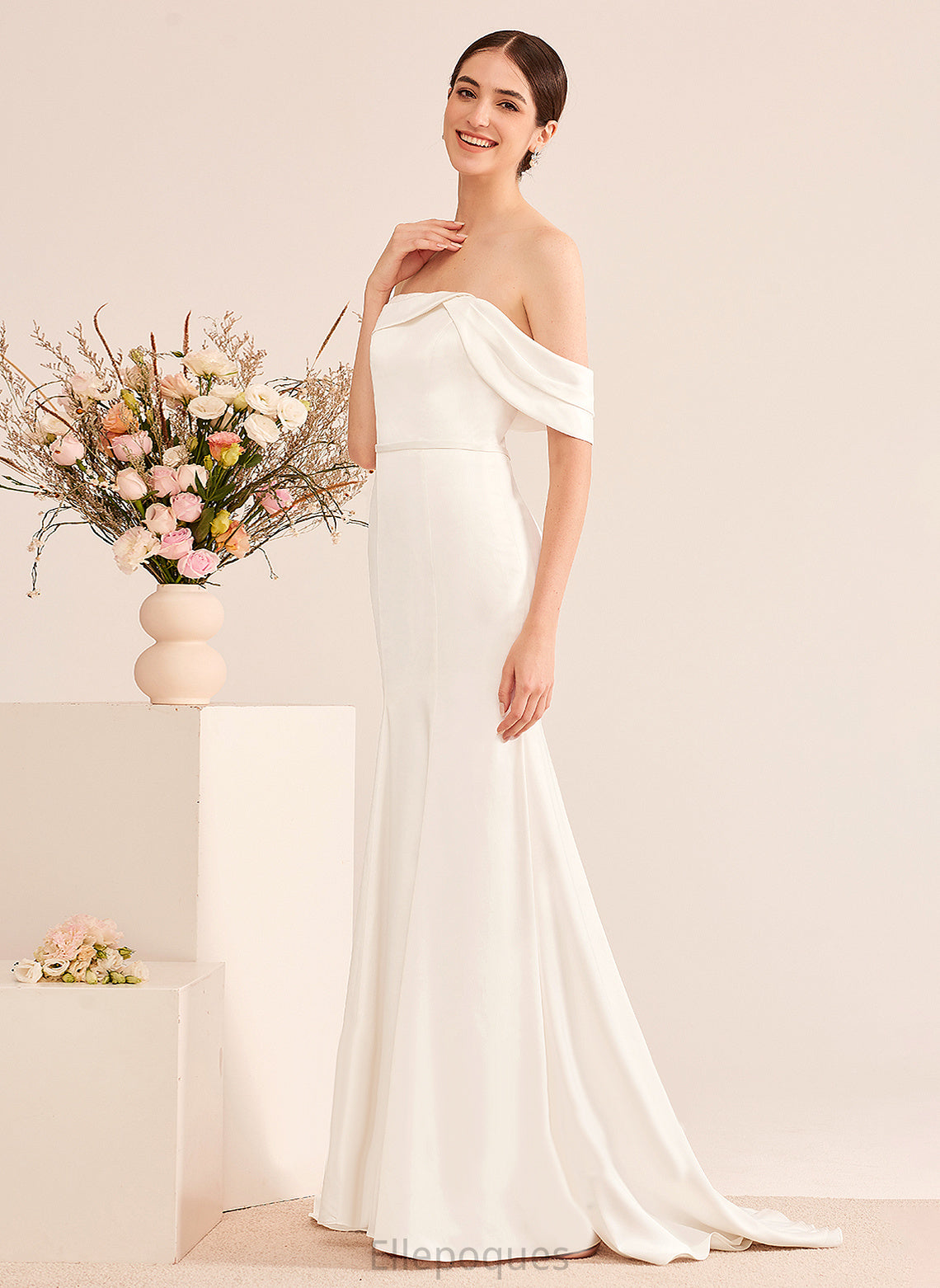 Sweep Quintina Wedding Wedding Dresses Trumpet/Mermaid With Ruffle Dress Satin Off-the-Shoulder Train