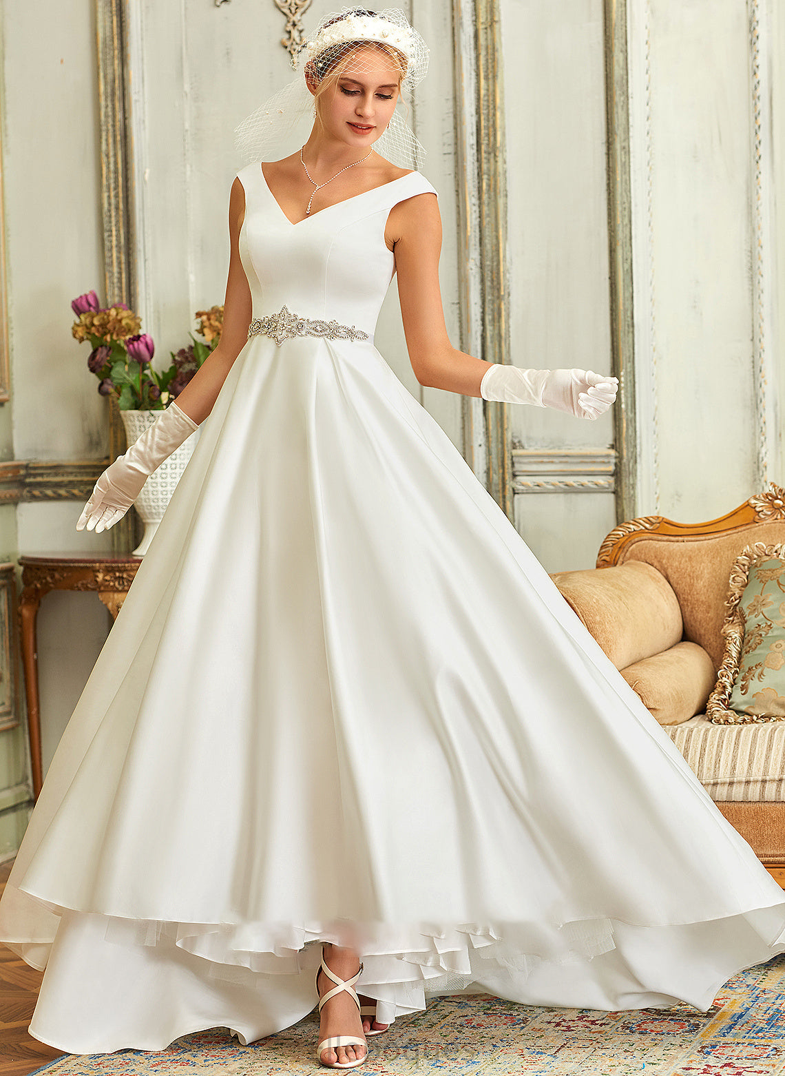 Asymmetrical Ball-Gown/Princess Satin Wedding Dresses Wedding V-neck Pockets With Dress Charlize