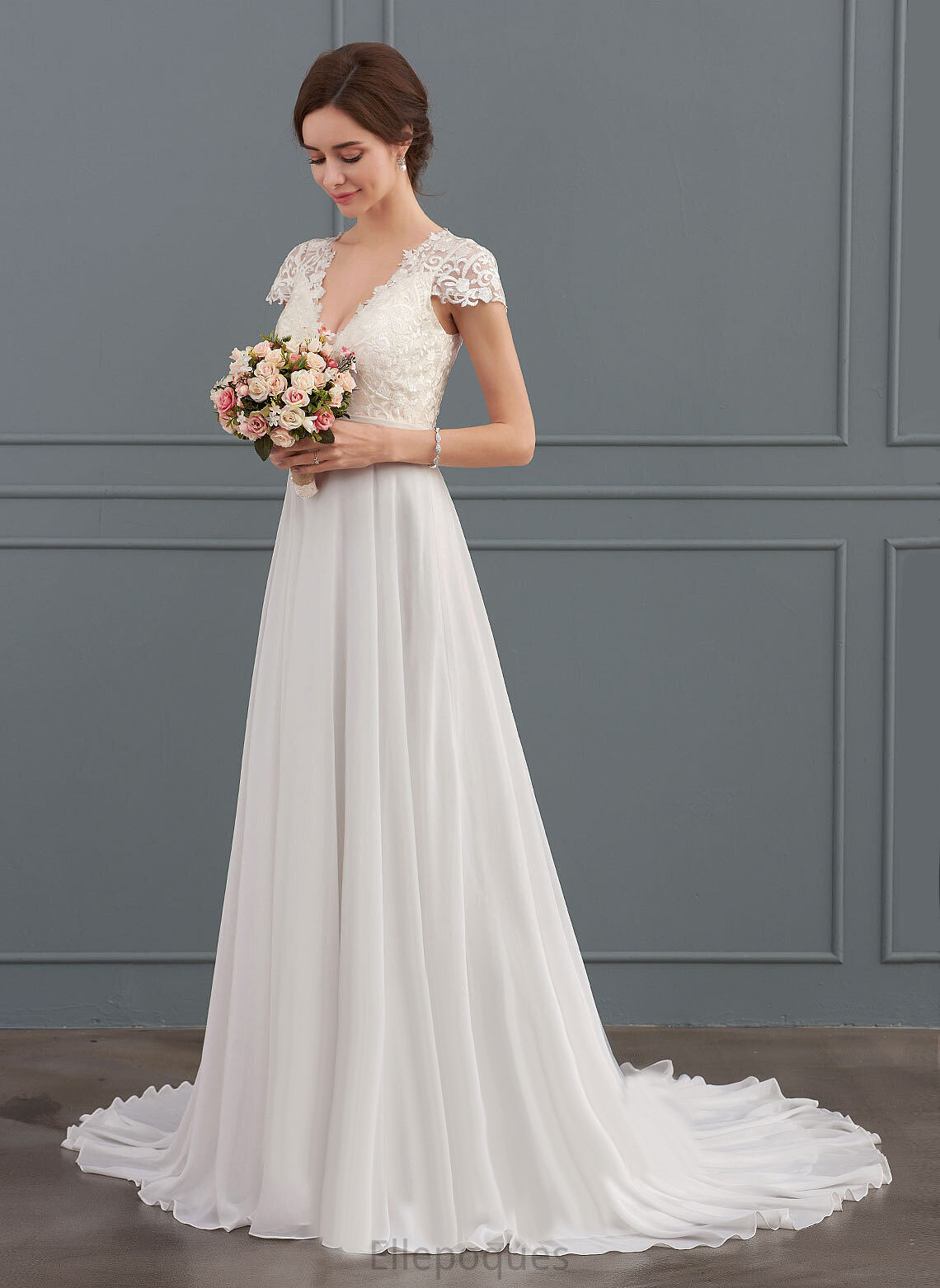 Nina Wedding V-neck Wedding Dresses Train With Sweep Ruffle Dress A-Line Lace Chiffon