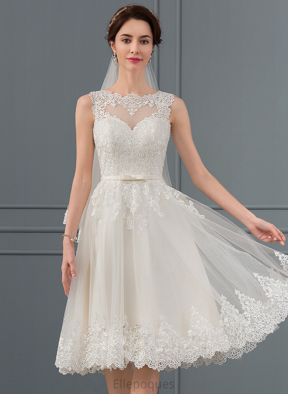 Dress Addyson Lace With Bow(s) Knee-Length Illusion Wedding Tulle Satin A-Line Wedding Dresses