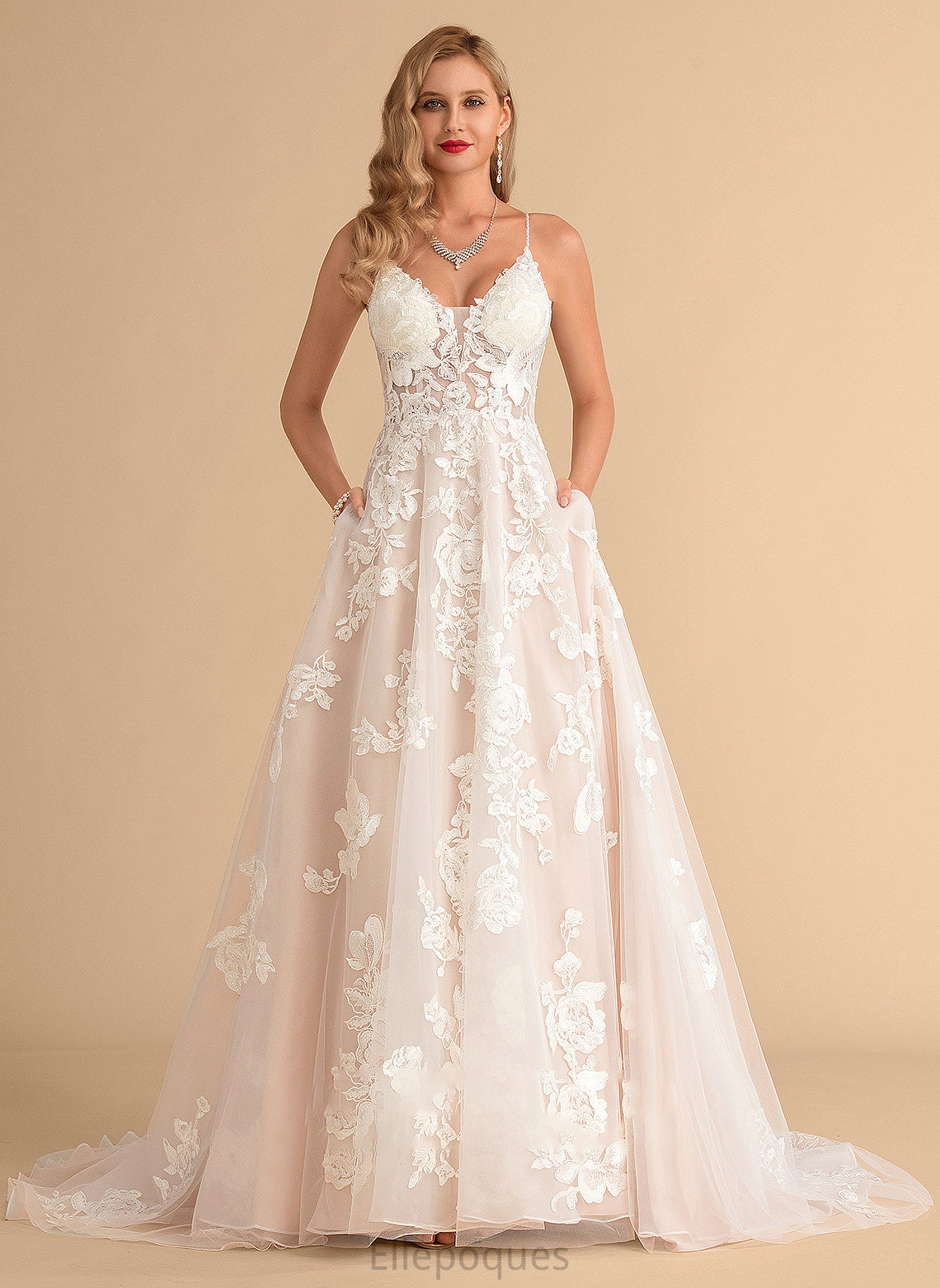 Train Court Wedding With V-neck Wedding Dresses Tulle Beading Kayley Dress Lace Pockets Ball-Gown/Princess