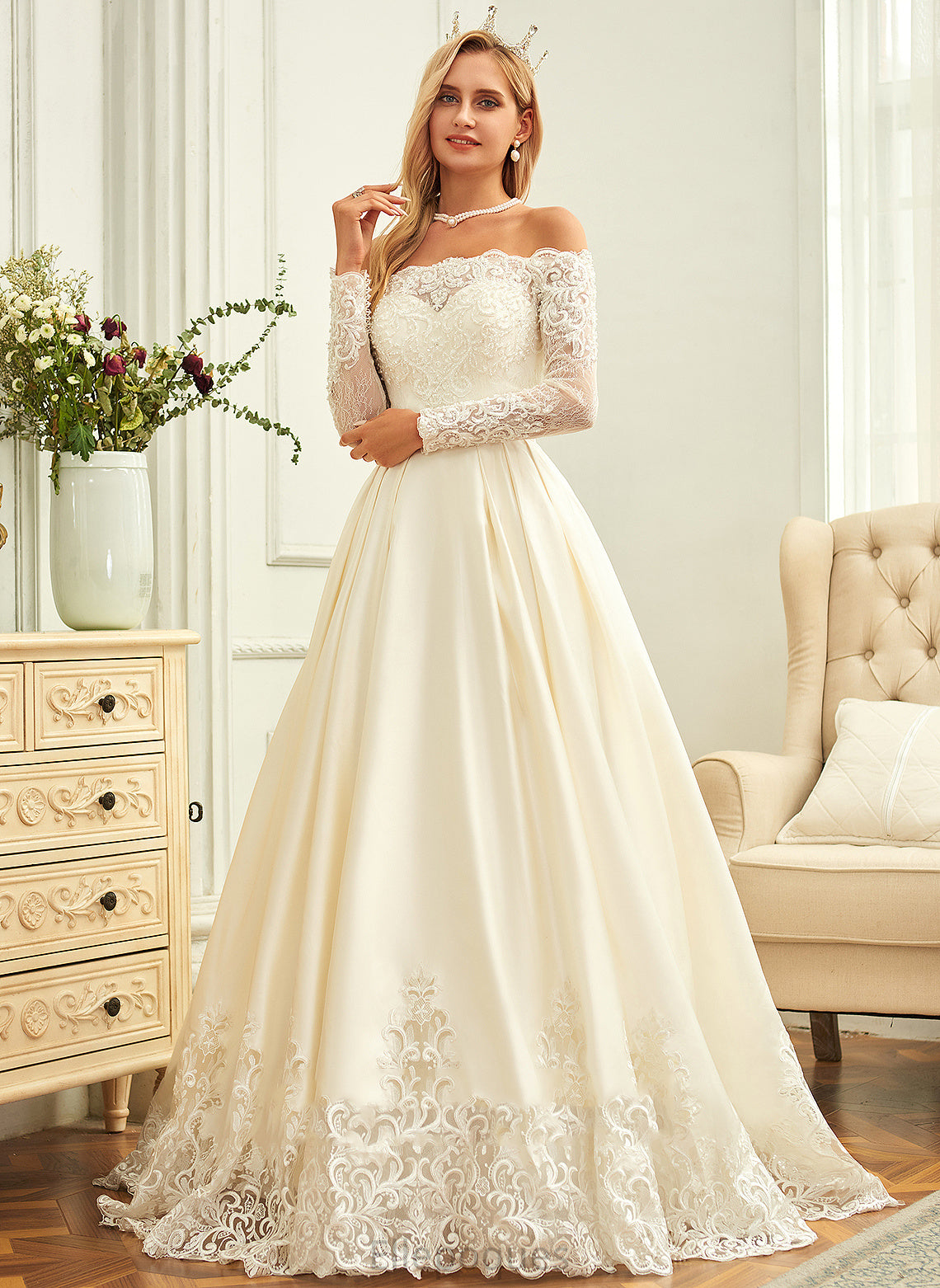 Wedding Jayden With Beading Sequins Wedding Dresses Lace Satin Sweep Train Dress Off-the-Shoulder Ball-Gown/Princess