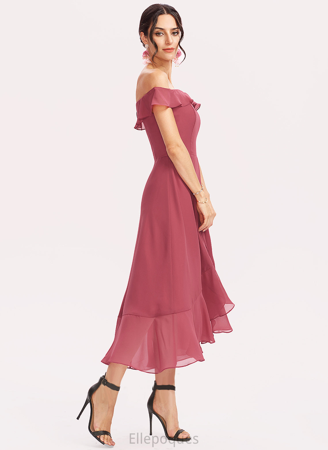 Length A-Line Off-the-Shoulder Tea-Length Fabric Embellishment Neckline Silhouette CascadingRuffles Ashleigh Spaghetti Staps Trumpet/Mermaid Bridesmaid Dresses