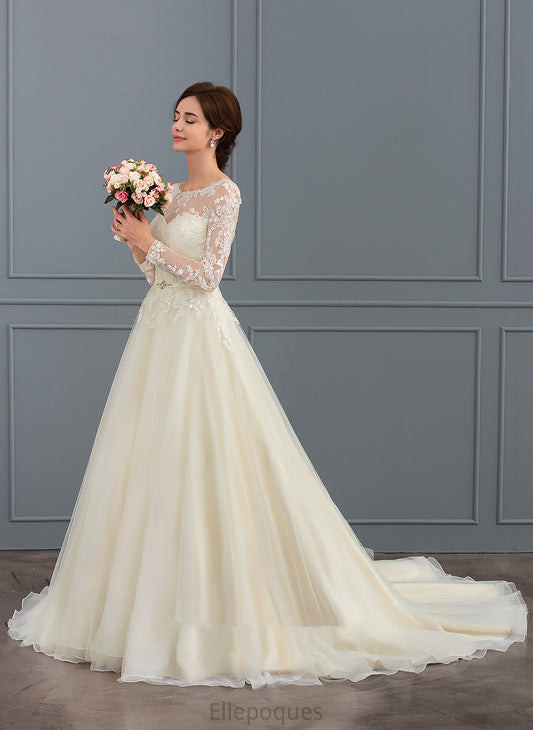 Ball-Gown/Princess Sequins Wedding Lace Tulle Court Wedding Dresses Train Illusion Beading Paulina Dress With