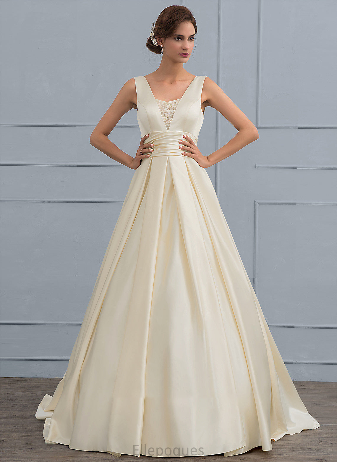 V-neck Angela Wedding Train Dress With Satin Sweep Lace Wedding Dresses Ball-Gown/Princess