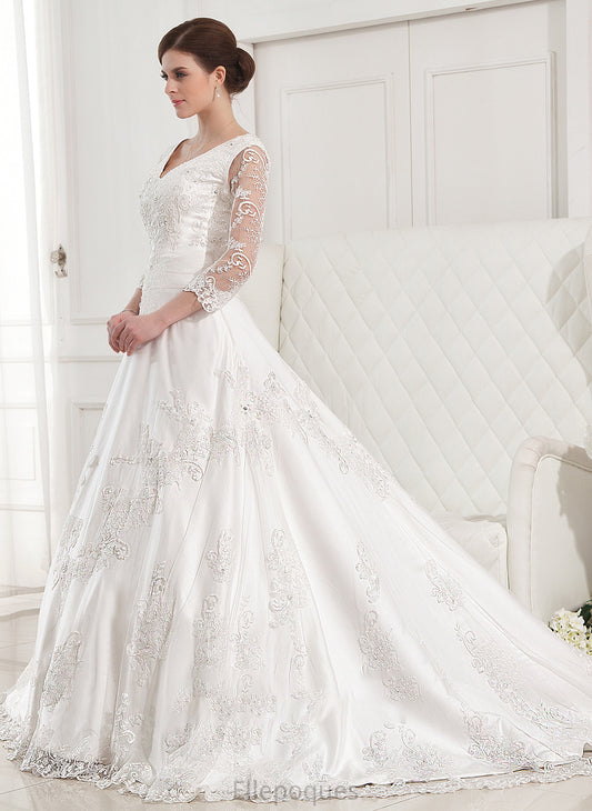 Appliques Ball-Gown/Princess Mariah Chapel Dress Train Satin With Beading Lace V-neck Wedding Wedding Dresses