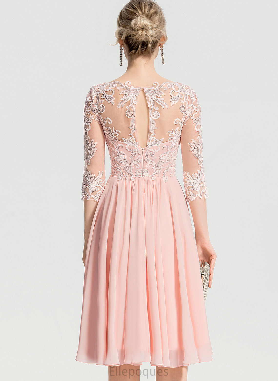 Wedding Chiffon A-Line Lace Knee-Length Dress V-neck Wedding Dresses With Hana Beading