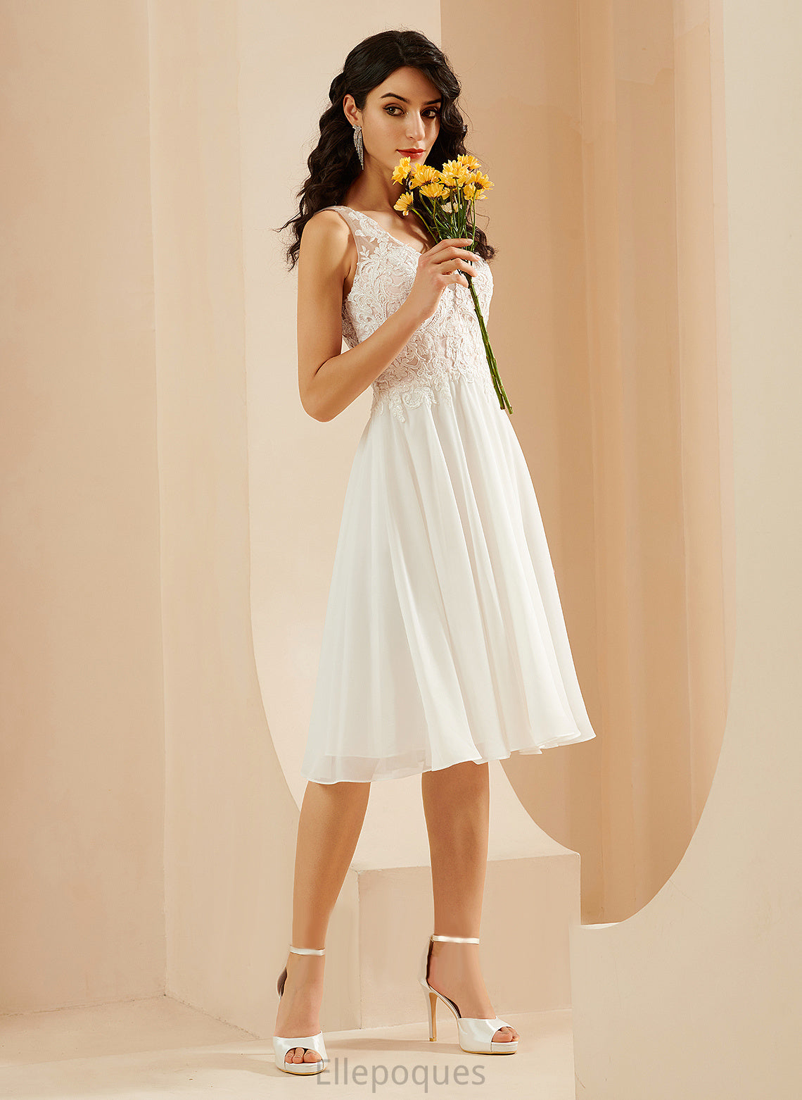 Chiffon V-neck A-Line Sequins Lace Wedding Dresses With Knee-Length Dress Elianna Wedding