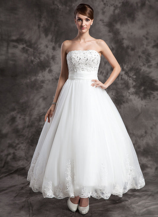 Ball-Gown/Princess Satin Organza Wedding Mignon Wedding Dresses Beading Dress Strapless With Ankle-Length Lace