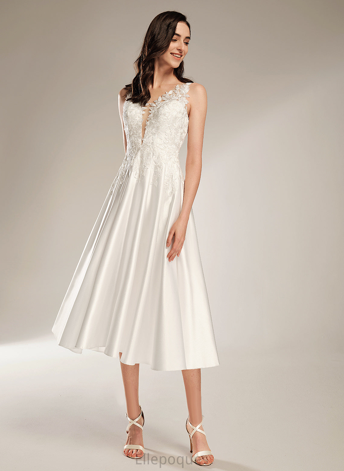 Tea-Length Dress Wedding Wedding Dresses V-neck Satin A-Line Alayna Lace