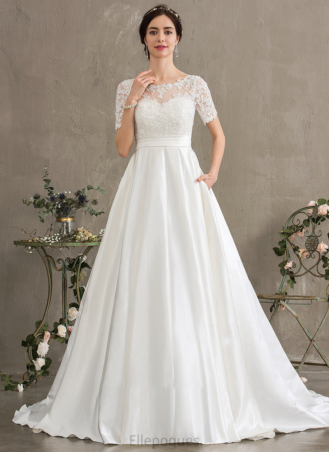 Ball-Gown/Princess Court Scoop Train Wedding Dresses Elsa Dress Sequins Pockets Beading Neck With Wedding Satin