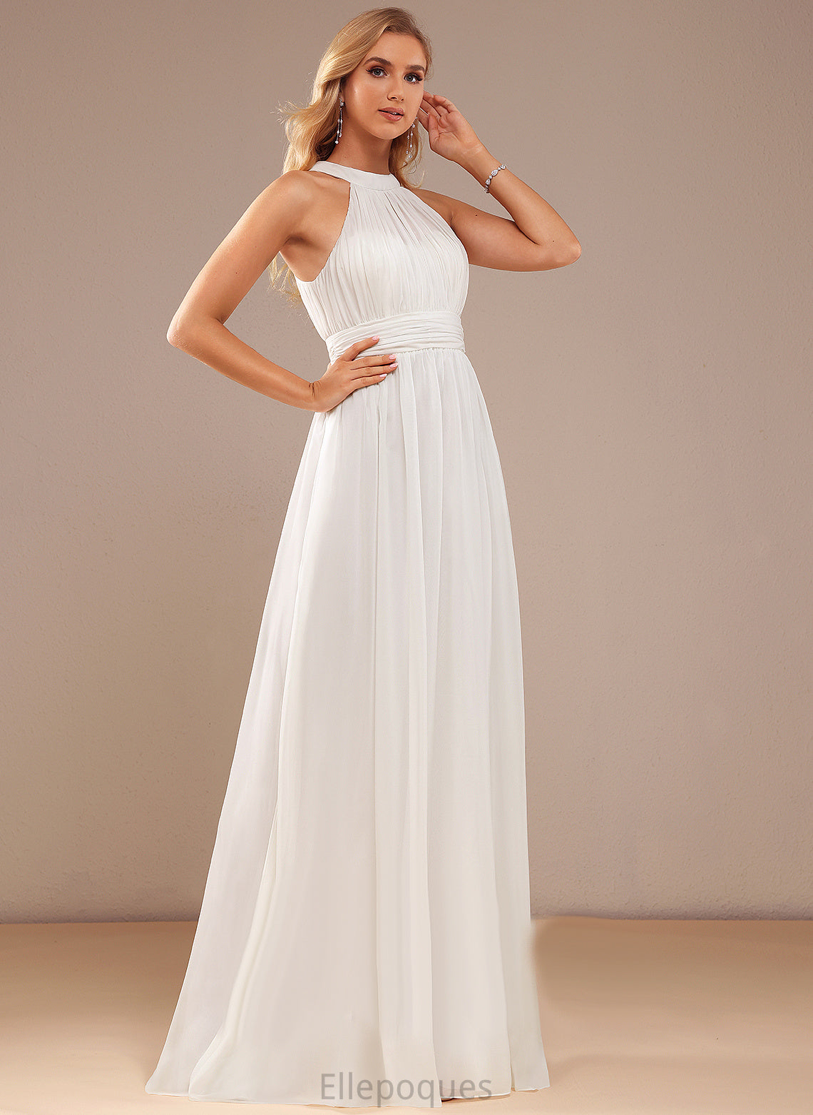 Wedding High Elyse A-Line Wedding Dresses Dress With Ruffle Neck Floor-Length Chiffon