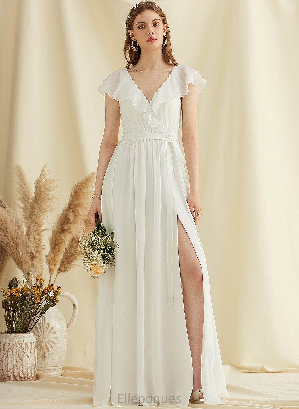 Split Front Floor-Length A-Line Dress Chiffon Ruffles Wedding Mariah With V-neck Wedding Dresses Cascading