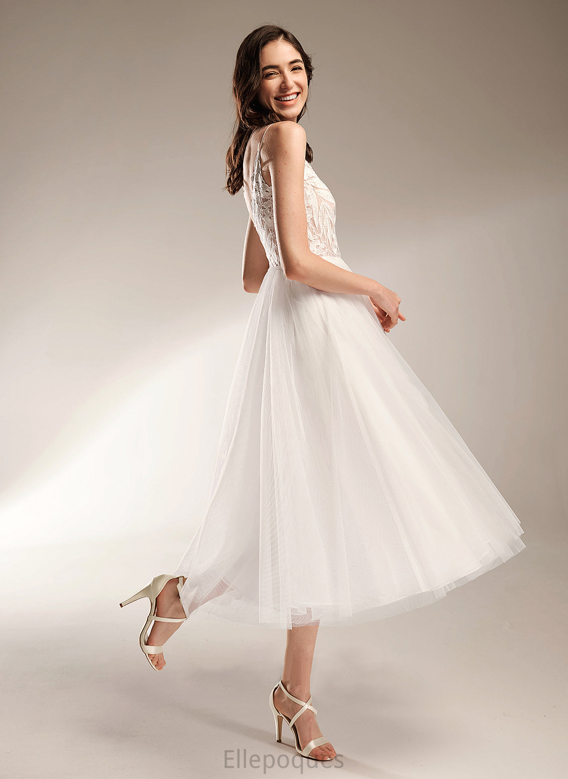 Tea-Length Joslyn Wedding Dress A-Line Wedding Dresses V-neck