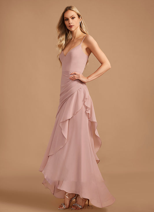 Trumpet/Mermaid Silhouette Asymmetrical Neckline Embellishment Ruffle Fabric V-neck Length Lexie V-Neck Sleeveless Bridesmaid Dresses