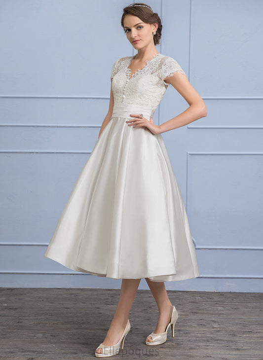 A-Line Ruffle Dress Wedding With Satin Tea-Length Diya Wedding Dresses V-neck Lace