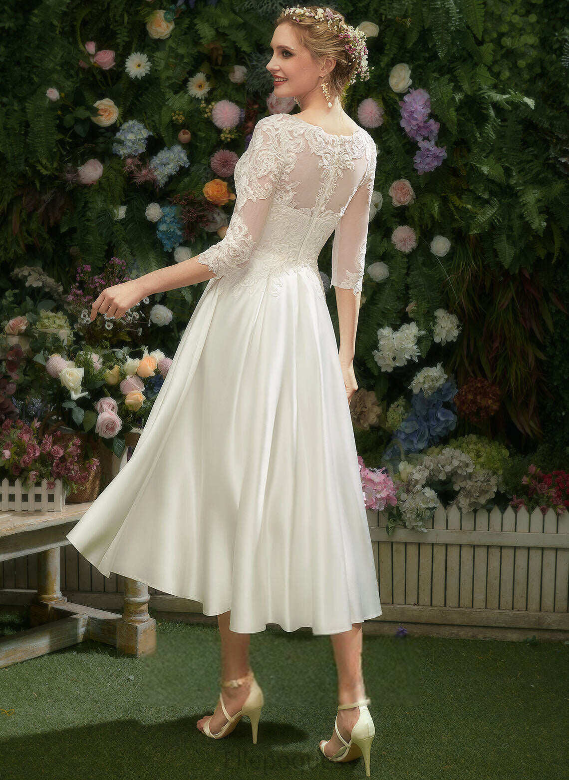 Wedding Tea-Length Magdalena A-Line Dress Illusion With Wedding Dresses Lace Satin