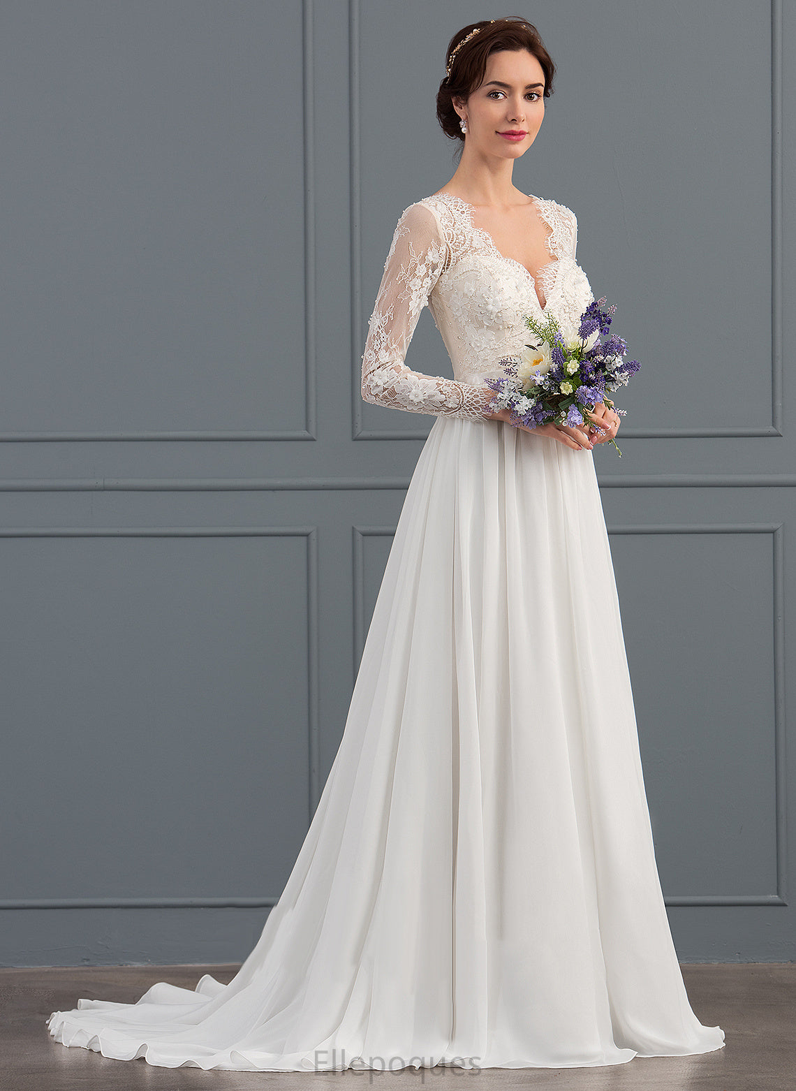 Sweep Wedding Dresses Sequins Train Dress Cassie With Lace Chiffon Wedding A-Line Beading V-neck