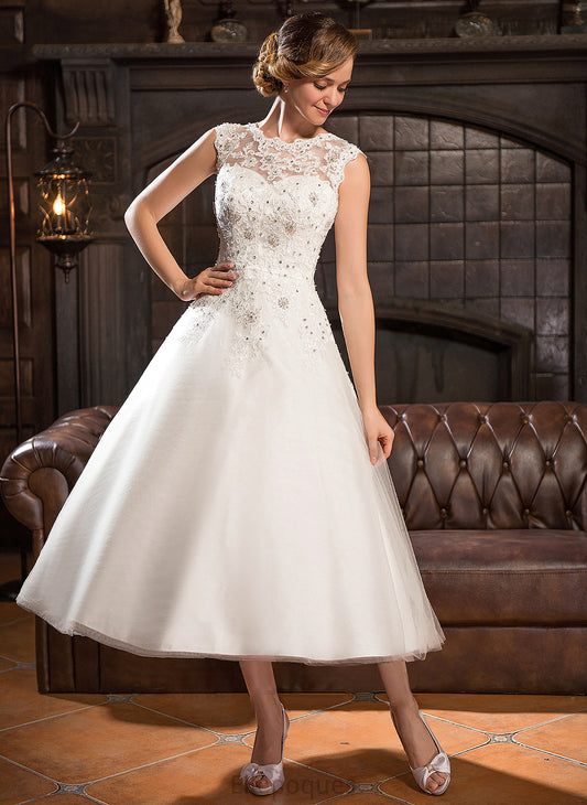 Wedding Dress Lace Neck Scoop Beading With Sequins Tulle Wedding Dresses Kimberly Ball-Gown/Princess Tea-Length