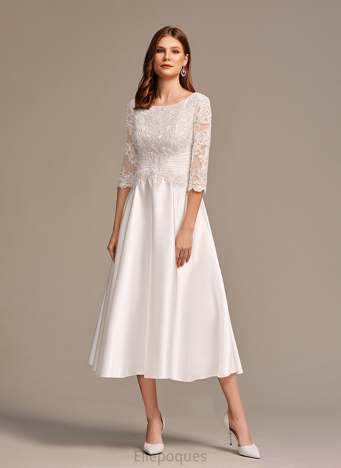 Neck Satin A-Line Wedding Dresses Tea-Length Carlie Dress Scoop With Pockets Wedding Lace